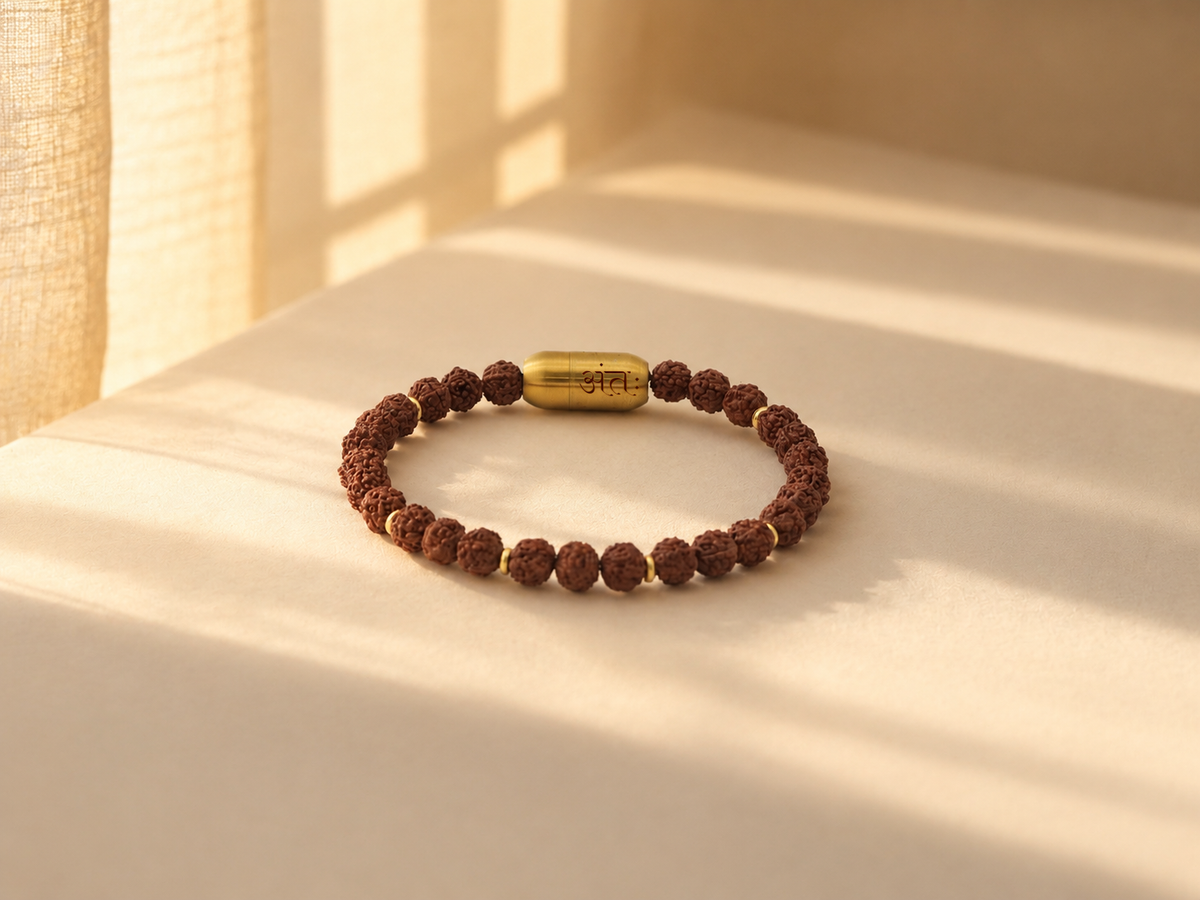 Antah Divine Protection Rudraksha bracelet styled flat lay