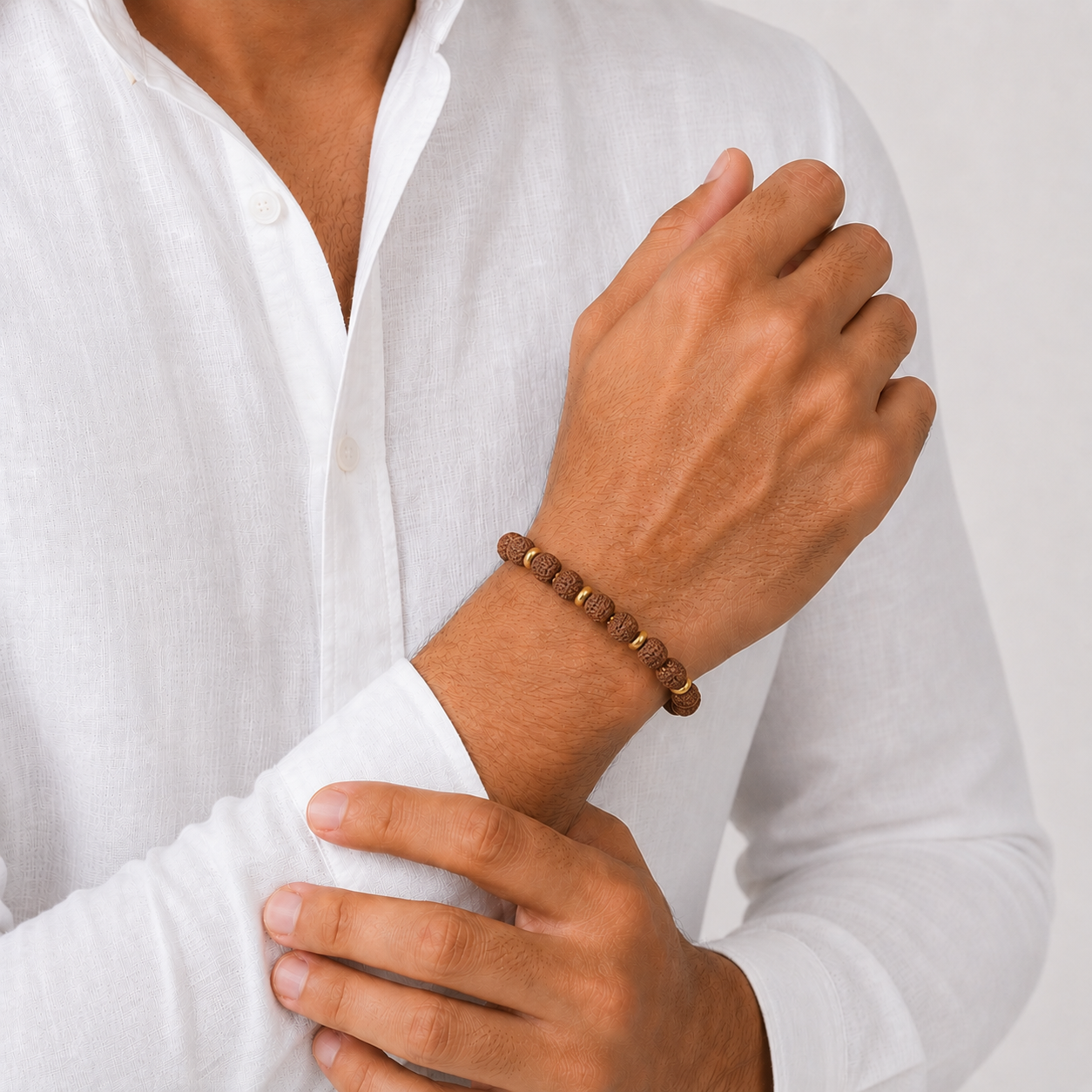 Antah Divine Protection Rudraksha bracelet worn on wrist - detail