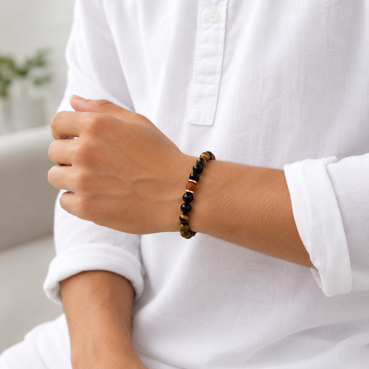 Antah Protection & Power Rudraksha bracelet worn on wrist - detail