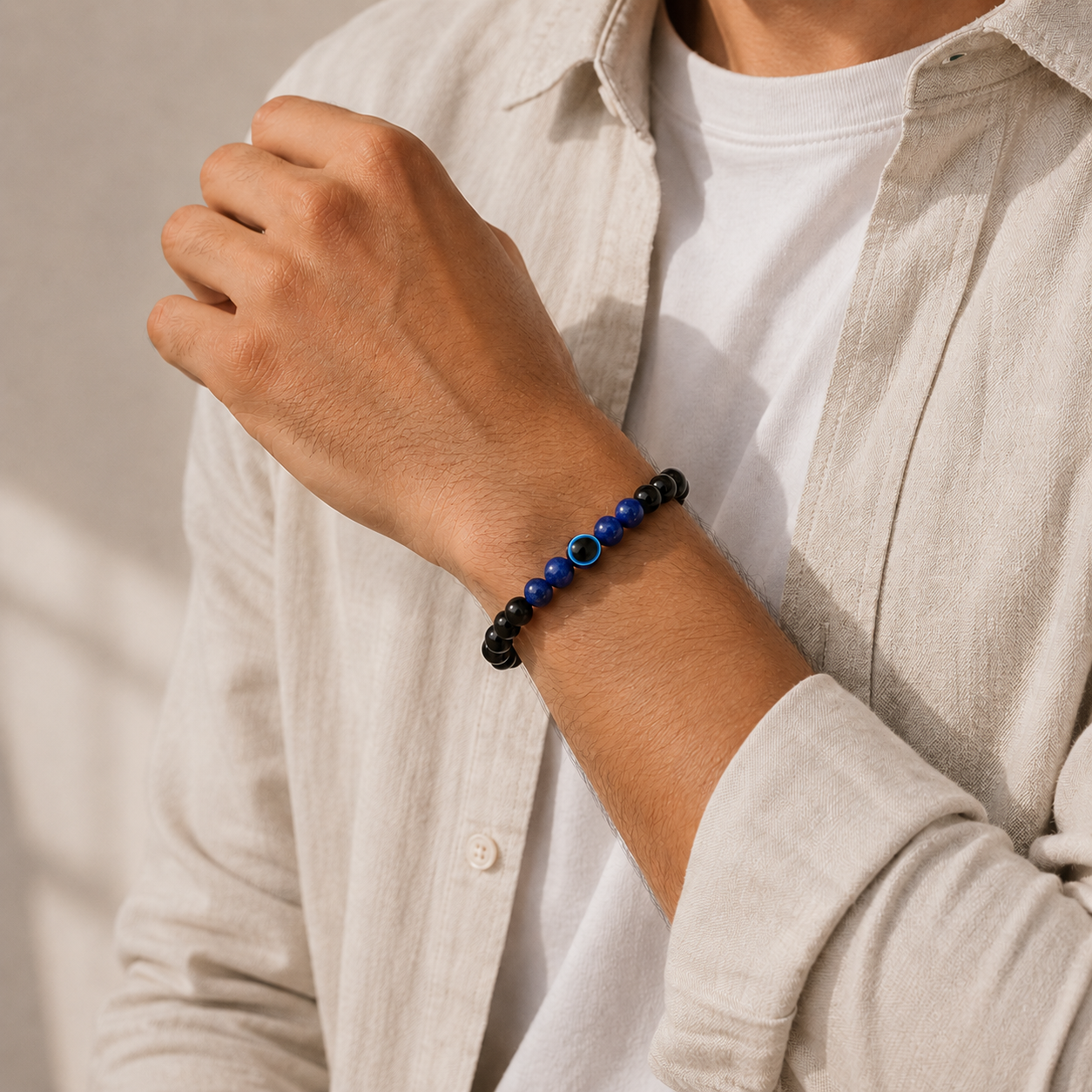 Antah Nazar Shield & Clarity bracelet worn on wrist - detail