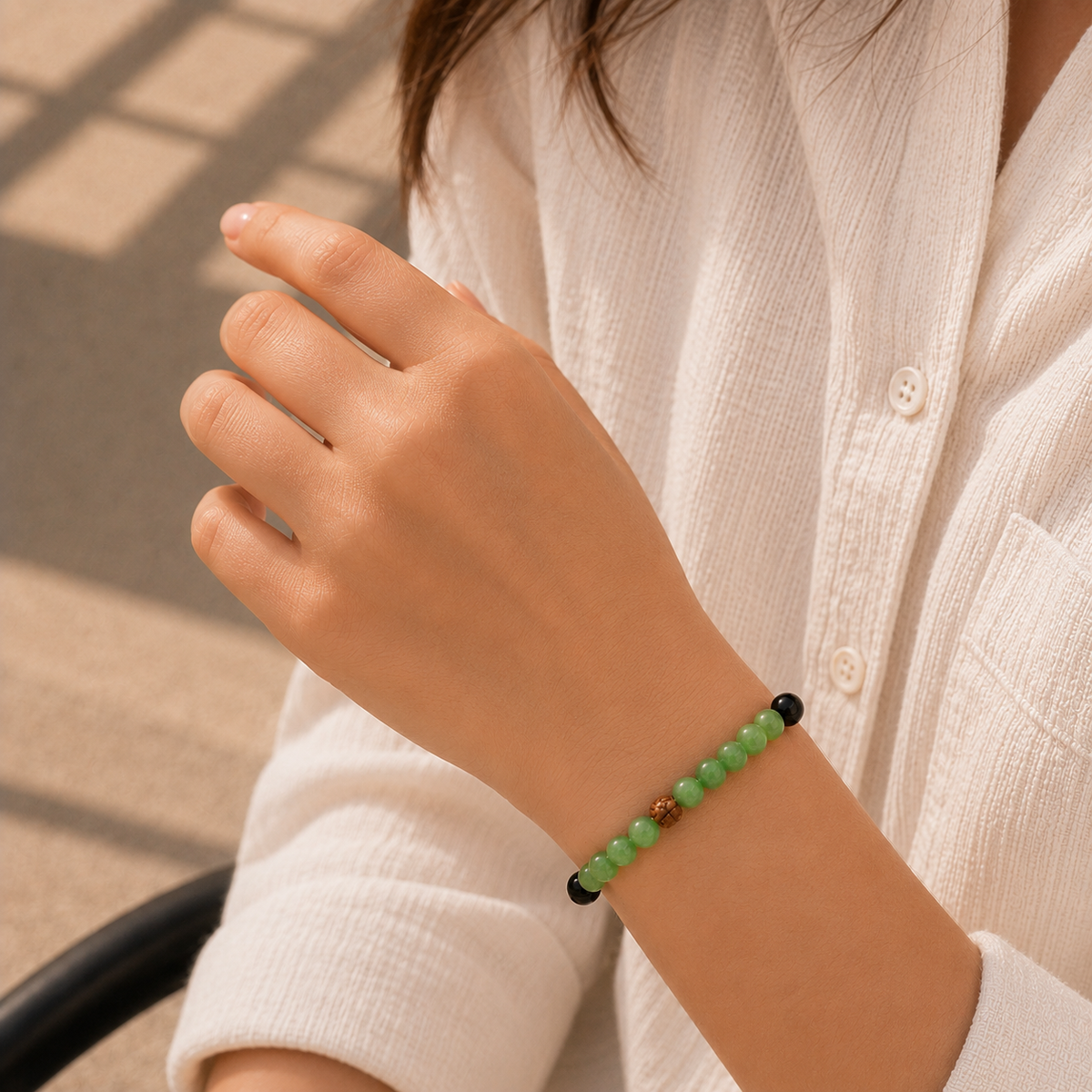 Antah Nazar Protection & Growth Rudraksha bracelet worn on wrist - detail