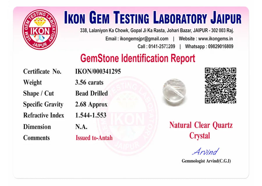 Clear Quartz (Sphatik) lab certificate preview