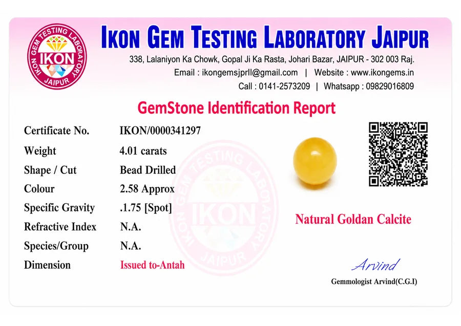 Golden Calcite lab certificate preview