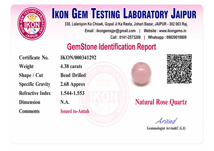 Rose Quartz lab certificate preview
