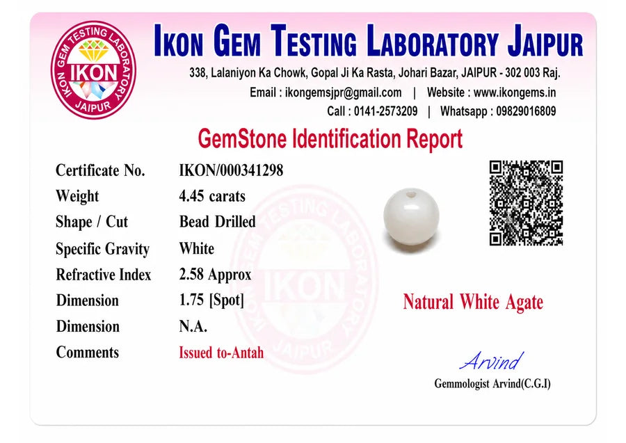 White Agate lab certificate preview